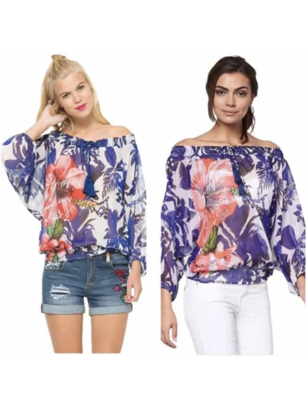 Desigual Tie Front Peasant Blouse Blue Multicoloured Julieta floral vacation Sm